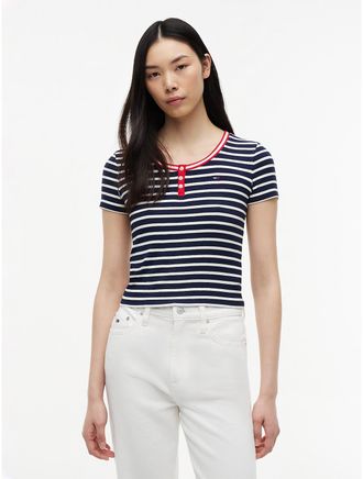 Tommy Hilfiger Womens Tommy Jeans Striped Rib-Knit Henley - Navy - XL