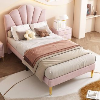 Merax 3ft Single Velvet Upholstered Bed with Shell Headboard in Pink