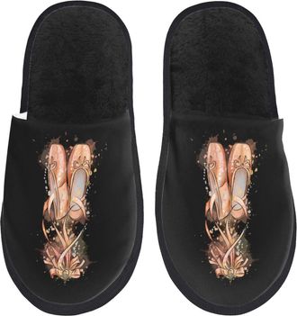 Generic Fluffy House Slipper Ballet Shoes Watercolor Painting House Shoes Plush Spa Slippers for Family Travel Hotels M