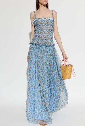 Dolce & Gabbana Silk Dress With Floral Motif, Womens, Blue