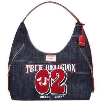 True Religion Varsity Logo Zip Pocket Denim Hobo Bag - Dark Denim Shoulder Purse