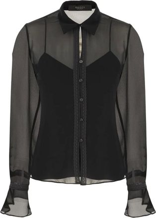 Gucci Overhemden, Dames, Zwart, S, Katoen, Leren Zijden Georgette Blouse