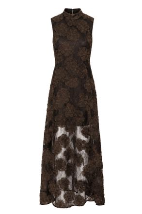 Rotate Brown 3D Floral High Neck Semi-Sheer Maxi Dress