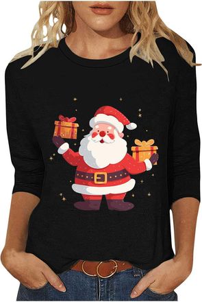 Generic Ladies Christmas T Shirts,Funny Graphic Xmas Tree Tops Wine Glass Print Xmas Sweatshirt Crew Neck 3/4 Sleeve Pullover Blouse Cute Santa Claus Novelty 