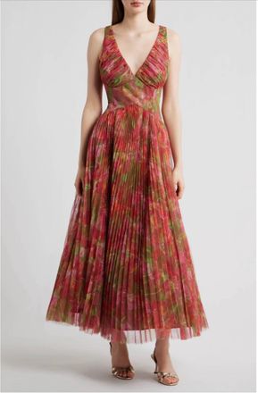 Hutch Eliana Floral Pleated Gown In Pink Olive Multi Watercolor