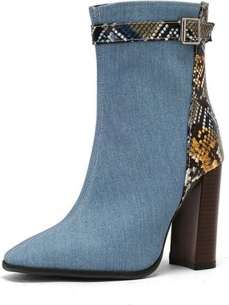 Generic Womens Square Toe Block Heel Chelsea Ankle Boots Retro Style for Daily Versatile Wear,Blue,7.5 UK