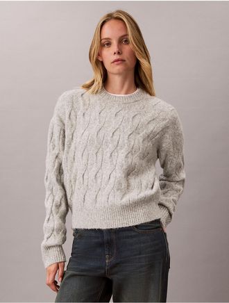 Calvin Klein Womens Wool Blend Cable Knit Sweater - Grey - XL