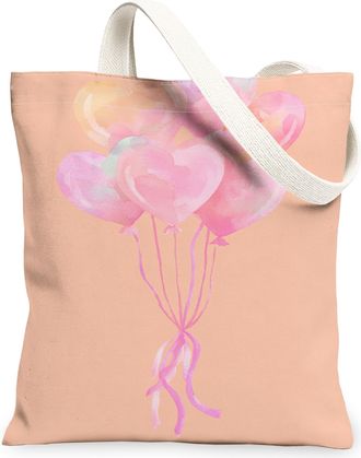 Generic Heart Balloon Canvas Tote Bags, Peach Watercolor Design Reusable Grocery Bags, Spring Vintage Lightweight Washable Shoulder, Peach, 13x15 Inch