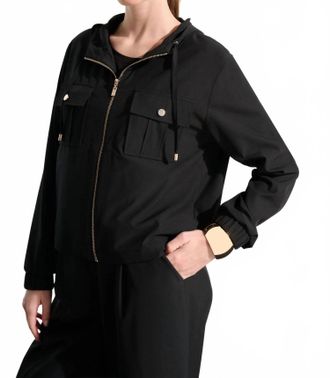 Joseph Ribkoff Hooded Zip Up Boxy Utility Jacket In Black