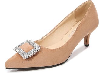 Generic Brown,5.5 UK,Womens Suede Pumps Kitten Heel Pointed Closed Toe Slip-on Pumps with Rhinestone Square Buckle Office Event Comfort Dress Shoes