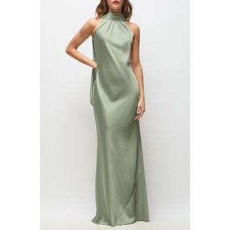 After Six Anais Scarf Neck Satin Charmeuse Gown in Sage at Nordstrom, Size Xx-Large