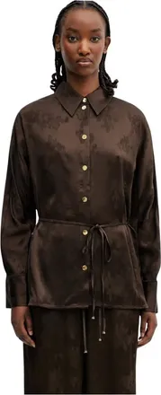 Ganni Overhemden, Dames, Bruin, XS, Satijn, Satin Jacquard Shirt