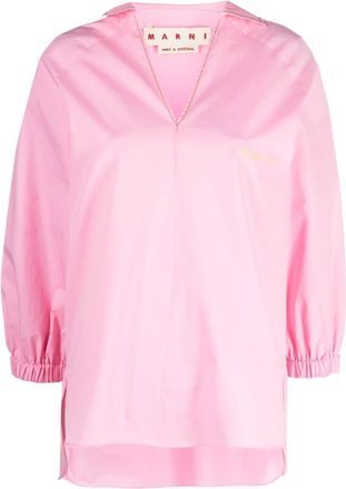 Marni roll-sleeve V-neck shirt - women - Cotton - 38 - Pink