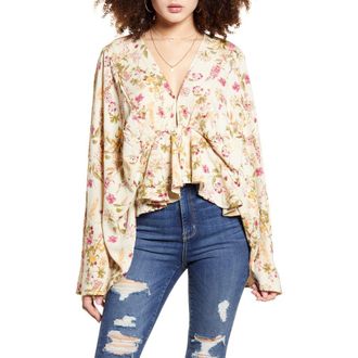 Band Of Gypsies Agave Floral Print Bell Sleeve Top in Ivory Pink at Nordstrom, Size Small