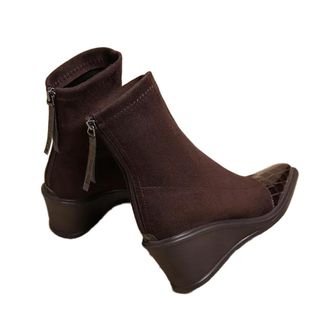 Generic GLDFW Wedge Heel Booties Fall Square Toe Paneled Suede Rear Zipper Soft Slip Booties Dark Brown