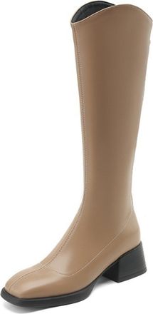 Generic Womens Retro Knee-High PU Leather Boots Round Toe Thick Platform Chunky Heels Side Zipper Slip On Soft Lining Cushioned Insole Durable Outsole,Apricot