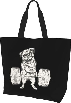 AOOEDM Pug Weightlifting Ladies Canvas Tote Reusable Shopping Bag