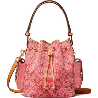 Tory Burch T Monogram Denim Bucket Bag in Brilliant Red at Nordstrom
