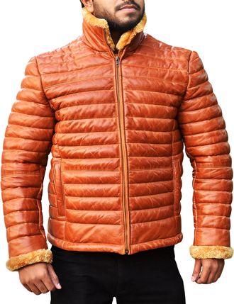Generic Mens Puffer Jacket, Down Padded Quilted Real Lambskin Leather, With Fur Collar and Sleeves (UK, Alpha, M, Regular, Regular, Distressed Brown)