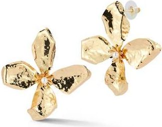 Sphera Milano Hammered Faux Pearl Flower Stud Earrings in Gold at Nordstrom Rack