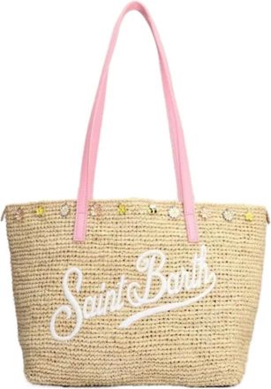 MC2 Saint Barth Tassen, Dames, Beige, ONE Size, Geborduurde Raffia Shopper