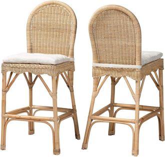 Baxton Studio Bilu Bohemian Rattan 2pc Bar Stool Set