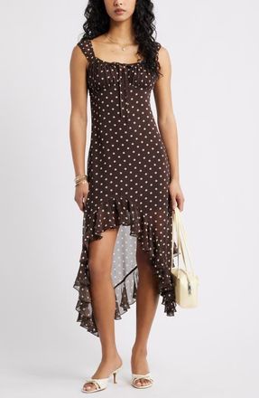 BP. Bias Cut Chiffon Asymmetric Hem Dress in Brown Charlotte Polka Dot at Nordstrom, Size Xx-Small