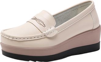 Generic Ladies Slip On Shoes Wide Fit Casual Womens Shoes Round Toe Thick Sole Breathable Stylish Comfortable Wedge Shoes Office Leisure White