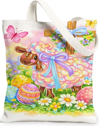 Generic Easter Floral Canvas Tote Bags, Cute Sheep Design Reusable Grocery Bags, Spring Lightweight Washable Shoulder Strap Canvas, White, 13x15 Inch