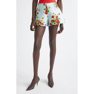 Brandon Maxwell The Cricket Floral Wool & Silk Faille Bell Shorts in Bright Blue Floral at Nordstrom, Size 2