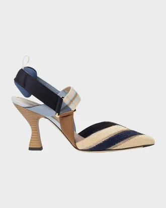 Fendi 85mm Colibri Mixed-Media Raffia Slingback Pumps