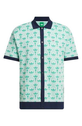 adidas Originals Trefoil & Tee Jacquard Short Sleeve Piqu&eacute; Button-Up Shirt in White/Clear Mint/Court Green at Nordstrom, Size Xx-Large