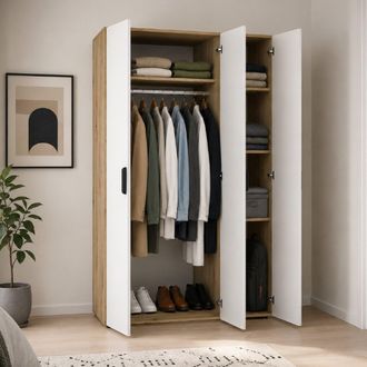 Dmora Armario 3 Puertas Vestidor, Ropero Dormitorio Con Perchero, 4 Estantes, 111x52 Cm, Roble Marr&oacute;n
