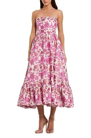Mac Duggal Floral Brocade Strapless A Line Midi Dress in Pink Multi at Nordstrom, Size 14