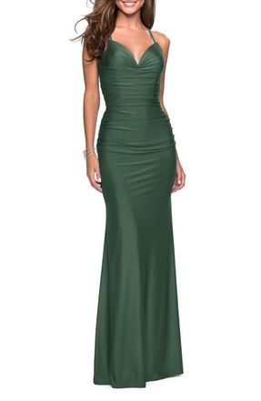 La Femme Form Fitting Jersey Dress with Ruching and Strappy Back in Emerald at Nordstrom, Size 00
