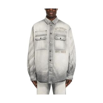 Off-white Denim Shirts, male, Gray, Size: L Diagonal Embroidered Denim Military Overshirt