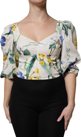 Dolce & Gabbana Womens White Floral Puff Sleeves Crop Blouse Top Cotton