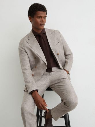 Reiss Taupe Brown Tailored Fit Linen Double-breasted Suit Blazer, 40