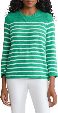 Jones New York Stripe Crewneck Sweater in Kelly /White Sand at Nordstrom, Size X-Small P