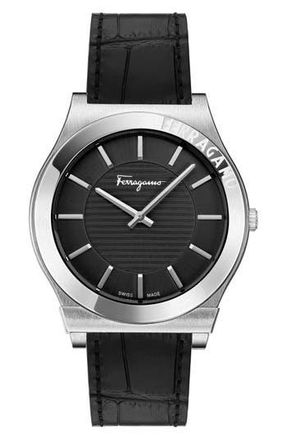 Ferragamo Gancini Swiss Quartz Leather Strap Watch, 42mm in Stainless Steel at Nordstrom Rack