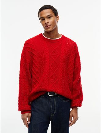 Tommy Hilfiger Mens Tommy Jeans Cable Knit Wool Sweater - Scarlet Flare - XL