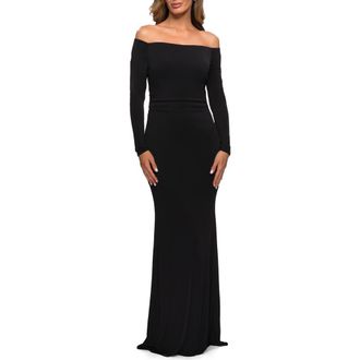 La Femme Long Sleeve Off The Shoulder Jersey Evening Gown in Black at Nordstrom, Size 10