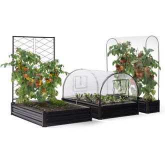 IDMarket Kit completo di 3 vasche modulari in metallo per orto e serra di pomodori + traliccio + copertura
