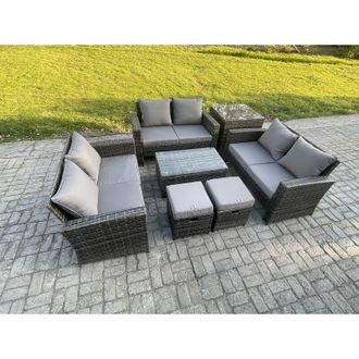 Fimous 7pc Rattan Sofa Garden Furniture Outdoor Patio Set with Side Table 2 Small Footstools Double Seat Sofa Dark Grey Mixed - Fimous