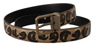 Dolce & Gabbana Womens Brown Leather Leopard Print Bronze Metal Buckle Belt