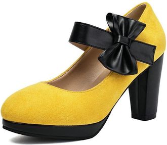 Generic Womens Round Toe Mary Jane Bowknot Decor Block High Heel Pumps Platform Wedding Party Casual Dress Shoes (5.5,Yellow)