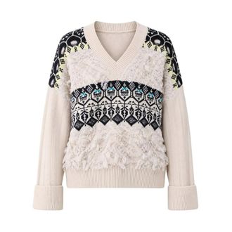 Liu Jo Maglia Scollo V Fant. Jacquard - Dames - Truien - Beige - Maat: XS Wol