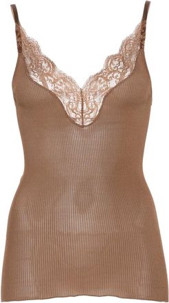 Saint Laurent lace-panel V-neck top - women - Silk/Polyamide/Viscose - M - Brown