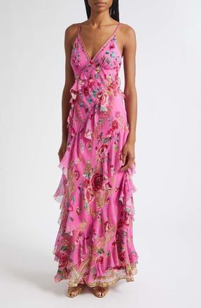 Camilla Matadora Flora Asymmetric Ruffle Silk Slipdress at Nordstrom, Size Medium