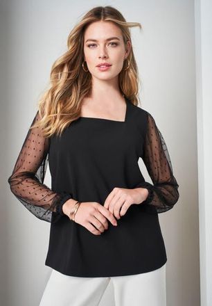 Jessica London Stretch Crepe Square Neck Mixed Media Top in Black at Nordstrom, Size Large